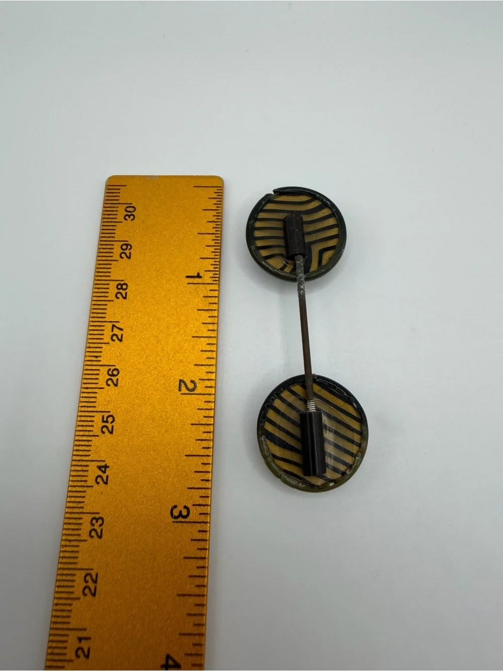 Jabot Vtg Art Deco Celluloid Hat Pin Green Dome Stripe Yellow Round Stick Brooch